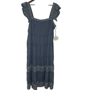 Knox Rose Maxi Dress XXL Blue Embroidered Boho Ruffle Sleeve Tiered Festival NEW